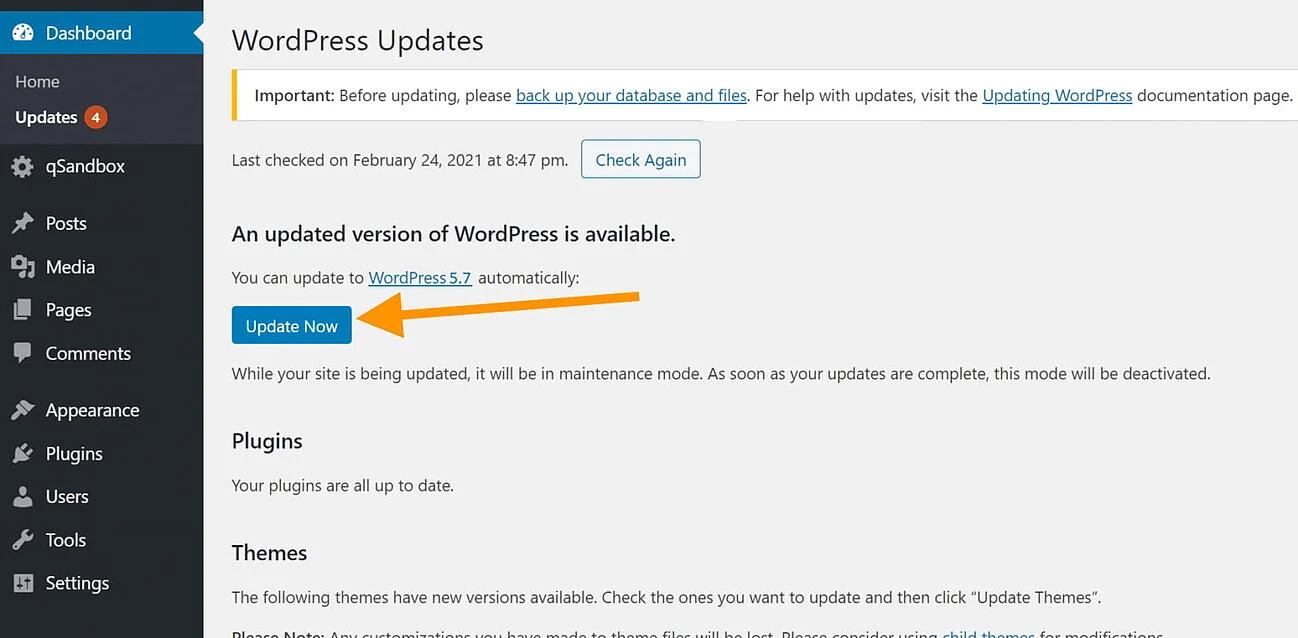 wordpress update button now