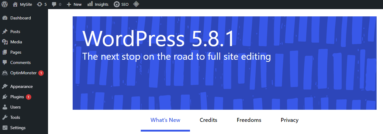 wordpress core update success